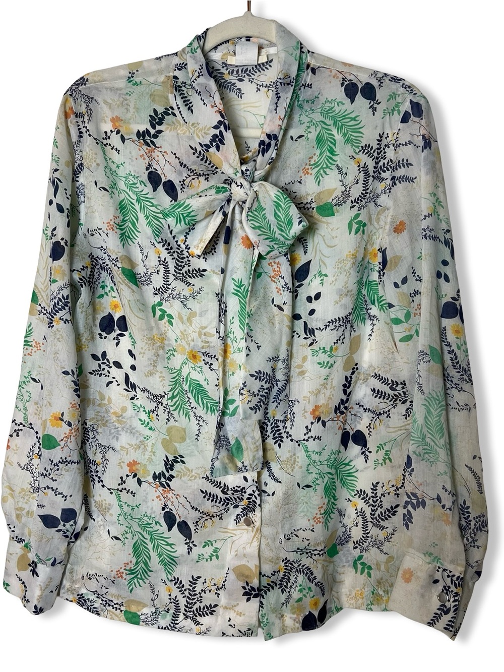 Vintage Sears Floral Tie Neck Blouse Semi Sheer Botanical Sz 16